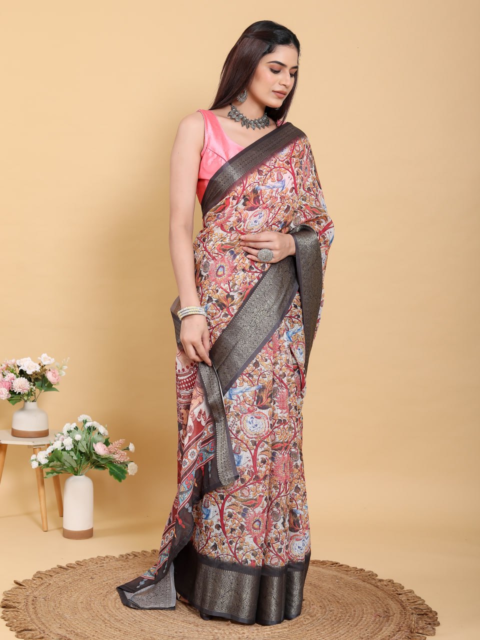 Artistic Pink Linen Cotton Saree | Multi-Print Kalamkari & Fresco Design